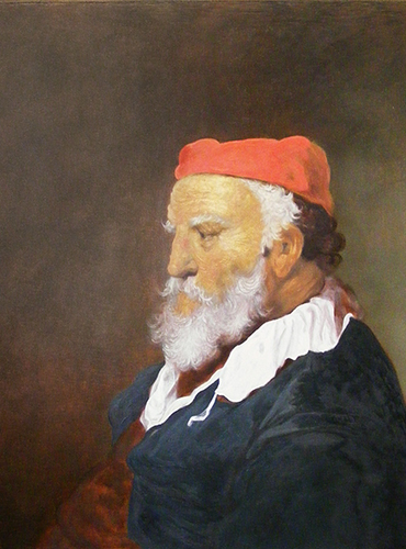 Entstehung einer Gemäldekopien nach historischen Maltechniken, Govaert Flinck, Alter Mann mit roter Kappe, 1639