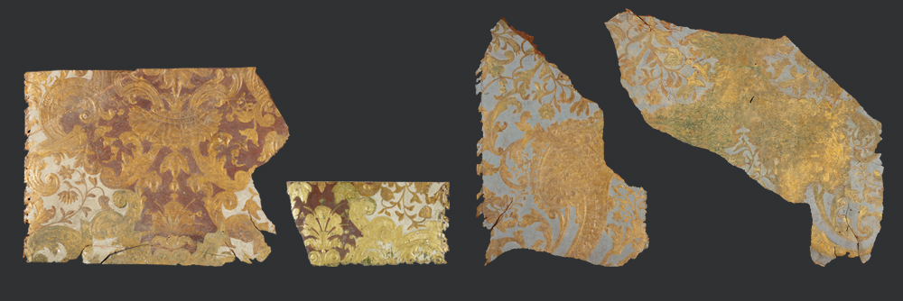 Ledertapeten aus Schloss Moritzburg bei Dresden, Restaurierung, Abnahme von Überfassungen des Goldlacks